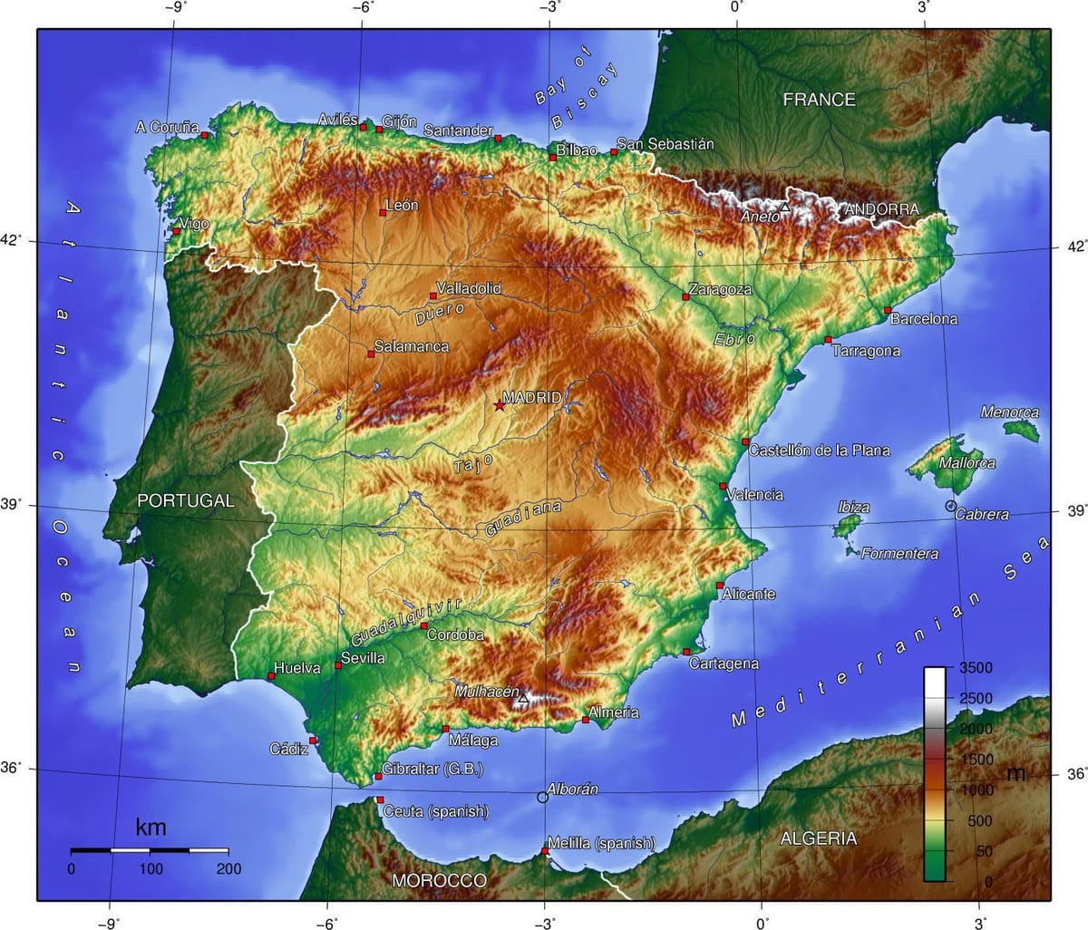 mapa de España de elevación