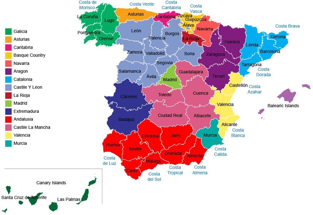 España regiones del mapa de las provincias