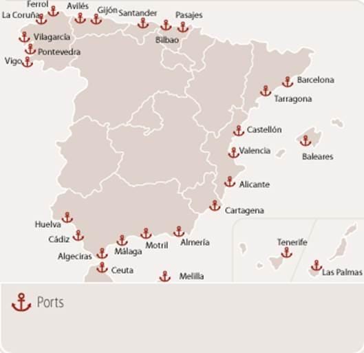 puertos de ferry en España mapa