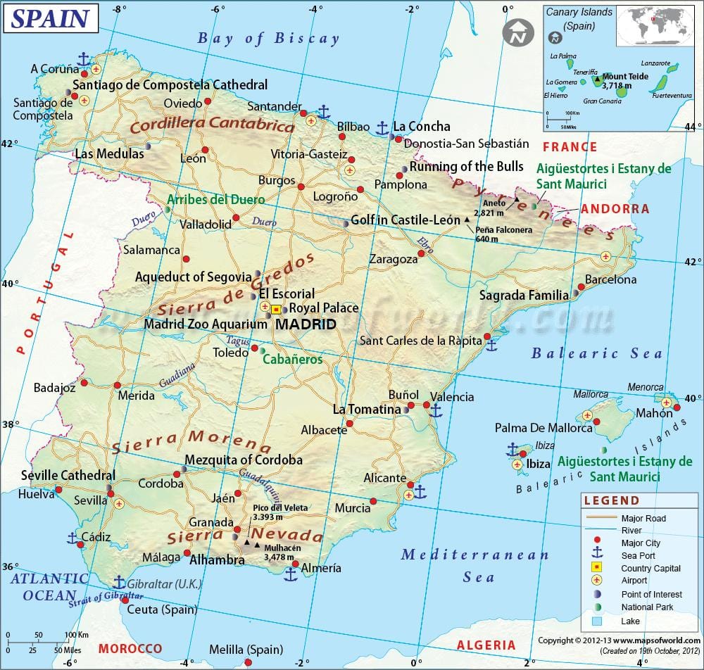 mapa de España mostrando las principales ciudades