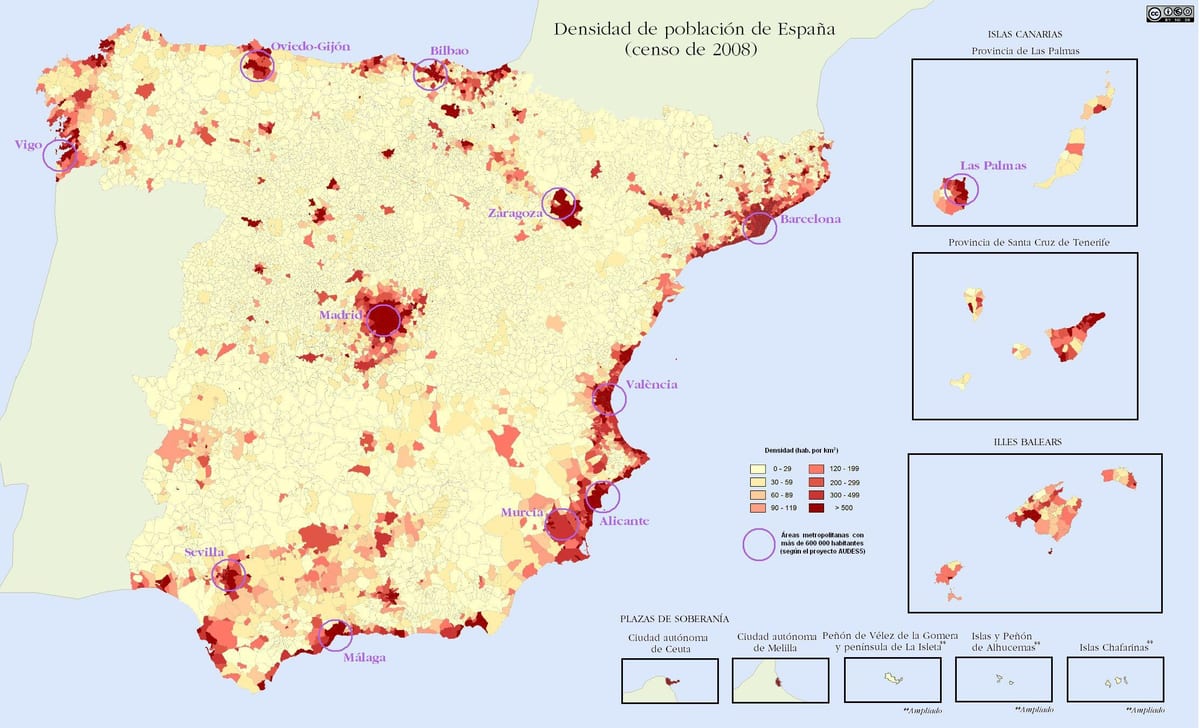 España mapa de densidad de población