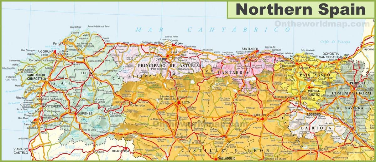 mapa del norte de España con ciudades